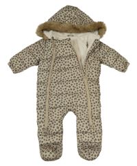 Béžovo-šedá šusťáková zimní kombinéza s leopardím vzorem a kapucí s kožešinou F&F