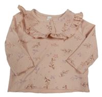 Růžové květované žebrované triko s volánky 