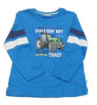 Modro-bílé triko s nápisy a traktorem 