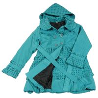 Zeleno-barevný puntíkatý šusťákový zateplený kabát s páskem a kapucí zn.