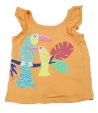 Oranžový top s ptáčky a volánky C&A