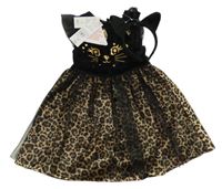 Nové - kostým - Černo-zlaté šaty s čumákem a leopardím vzorem + čelenka s oušky F&F