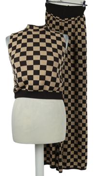 2set - Dámská béžovo-hnědá kostkovaná svetrová vesta + palazzo kalhoty Boohoo