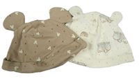 2x bavlněná čepice smetanová s hrochy+ béžová s Mickey Mousem