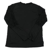 Černé žebrované triko s krajkou Shein