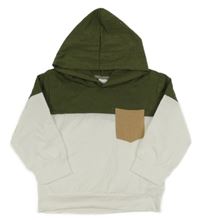 Khaki-bílé triko s kapsou a kapucí 