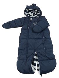 Tmavomodrá šusťáková zimní kombinéza/fusak s medvědem a kapucí H&M