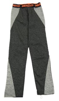 Černo-šedé sportovní legíny s nápisem 