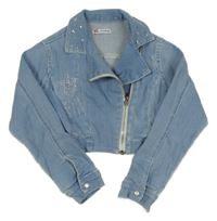 Modrá riflová crop bunda s kamínky