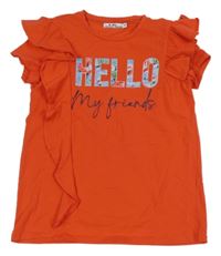 Oranžovo-červené tričko s nápisem a volány