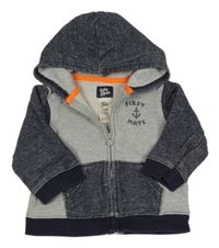 Šedo-modro žíhaná propínací mikina s kapucí