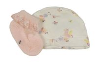 2set - bílá čepice s jednorožci + světlerůžové ponožky s krajkou 