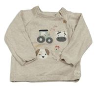 Béžový melírovaný svetr s traktorem a zvířaty F&F