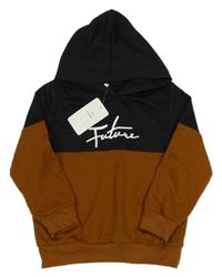 Nové - Černo-medová mikina s nápisem a kapucí 