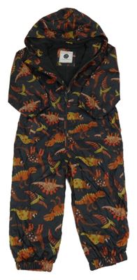 Černá šusťáková podšitá kombinéza s dinosaury a kapucí Tu