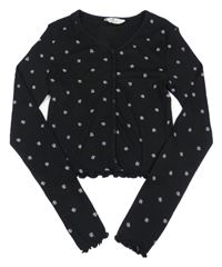 Černé žebrované propínací crop triko s kytičkami H&M