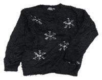 Černý chlupatý svetr s vločkami Alive