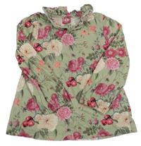 Olivové triko s květy a volánky Tu