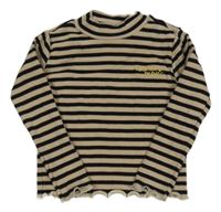 Béžovo-černé pruhované žebrované triko s nápisem Dopodopo