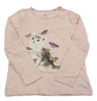 Světlerůžové triko s koťátkem a motýlky lupilu