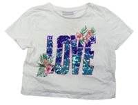 Bílé crop tričko s nápisem s překlápěcími flitry a kytičkami Matalan