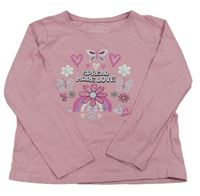 Růžové triko s květy a motýlky a nápisy PRIMARK