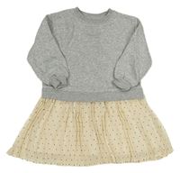 Šedo-smetanové teplákovo/plisované šaty s mašlí a puntíky H&M