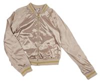 Pudrový saténový podzimní crop bomber s nápisy a zvířátky a kytičkami a zlatým pruhem H&M