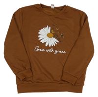 Hnědá mikina s kopretinou a motýlky a nápisem 