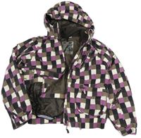 Khaki-fialovo-černo-bílá kostkovaná šusťáková funkční zimní bunda s odepínací kapucí crane