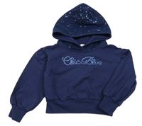 Tmavomodrá crop mikina s nápisem z kamínků a kapucí s flitry ORIGINAL MARINES