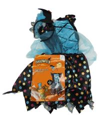 Nové - Kostým - 2Set - Černo-modré saténové šaty s barevnými puntíky a volánky + čelenka s kloboučkem 