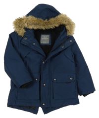 Tmavomodrá kostkovaná šusťáková zimní parka s kapucí s kožešinou PRIMARK