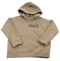 Světlehnědá teplá mikina s nápisy a kapsou a kapucí 