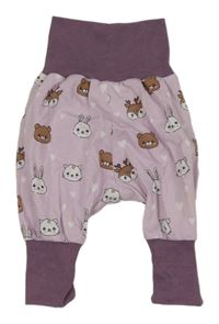 Světlefialovo-tmavofialové turecké tepláky se zvířátky a srdíčky