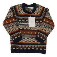 Nové - béžovo-hnědo-rezavo-tmavomodrý vzorovaný vlněný svetr Sfera
