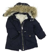 Tmavomodrá šusťáková zimní parka s odepínací kapucí s kožešinou H&M