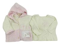 2x Krémovo-růžový sametový zateplený kojenecký kabátek s kapucí + Triko s výšivkou 