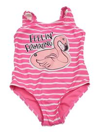 Neonově růžovo-bílé pruhované jednodílné plavky s plameňákem Matalan