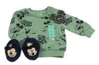 2set - Zelená mikina s Mickeym + tmavomodré chlupaté capáčky s Mickeym Disney