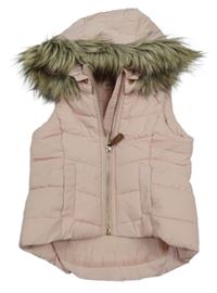 Růžová šusťáková zateplená vesta s kapucí s kožešinou H&M