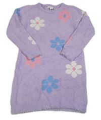 Lila chlupaté svetrové šaty s květy Primark