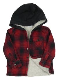 Červeno-černá kostkovaná zateplená košilová bunda s kapucí F&F