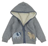 Modro-šedý pruhovaný zateplený propínací svetr se zvířaty a kapucí Nutmeg