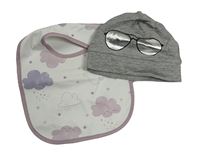 2set - Šedá melírovaná bavlněná čepice s brýlemi + bílý bryndák s mraky