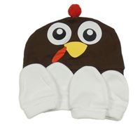 3set - Hnědá bavlněná čepice - slepice + 2x bílé rukavičky