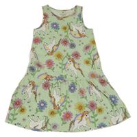 Zelenkavé květované bavlněné šaty s jednorožci H&M