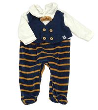 Tmavomodro-bílo-hnědé teplákovo/sametový overal s vestou a pruhy