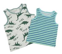 2x tílko - světlemodro-modro-žluté pruhované + bílé s dinosaury