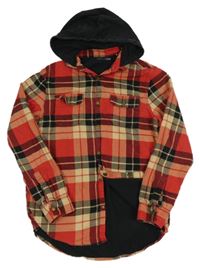Červeno-béžovo-černá kostkovaná podšitá košilová bunda s kapucí Next